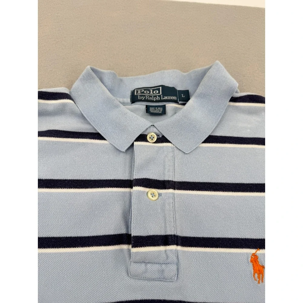 Polo Ralph Lauren Short Sleeve Pique Polo Shirt Mens‎ L Blue Striped Orange Pony